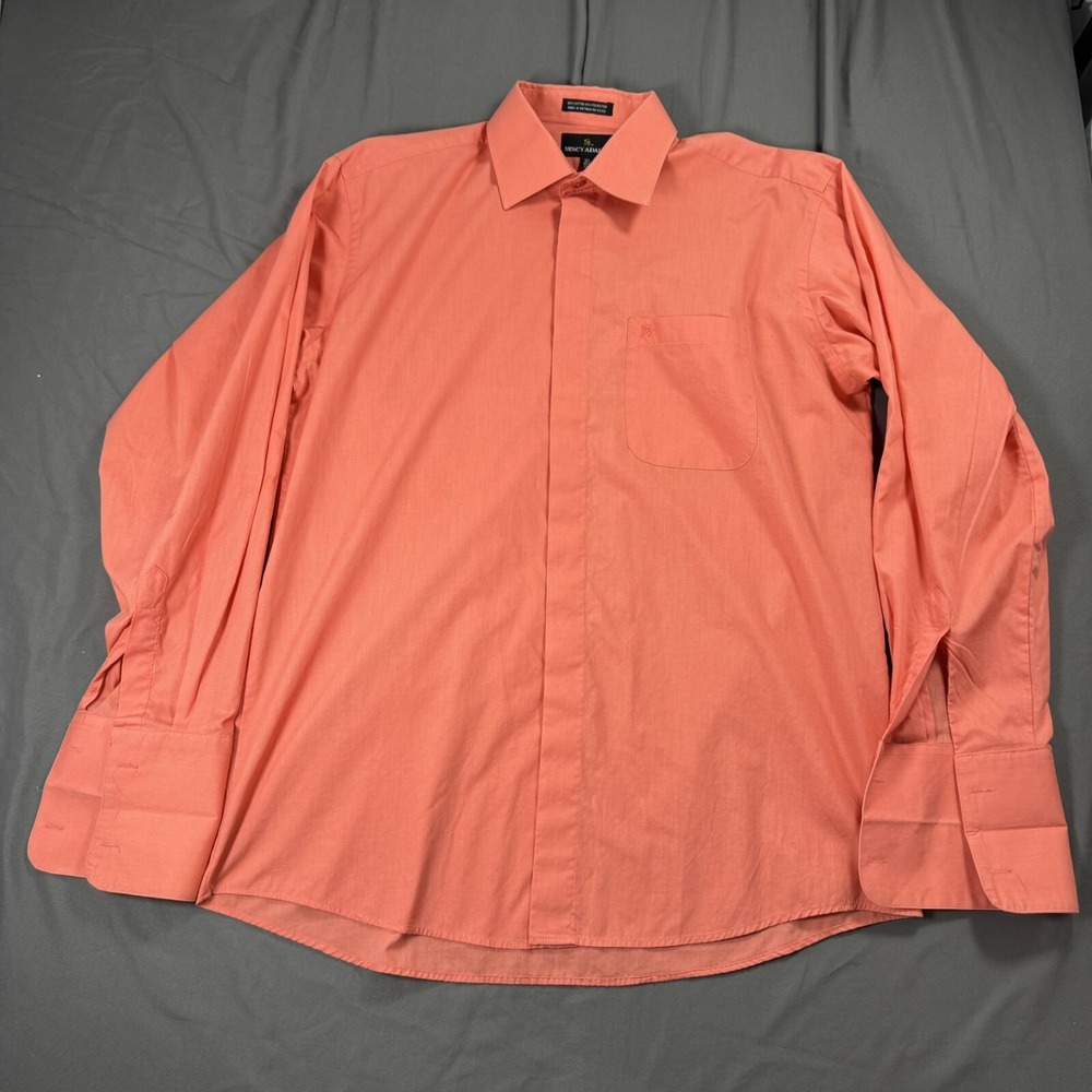Stacy Adams Shirt Mens 16.5 Salmon Pink Button Up Long Sleeve Pocket Embroidered